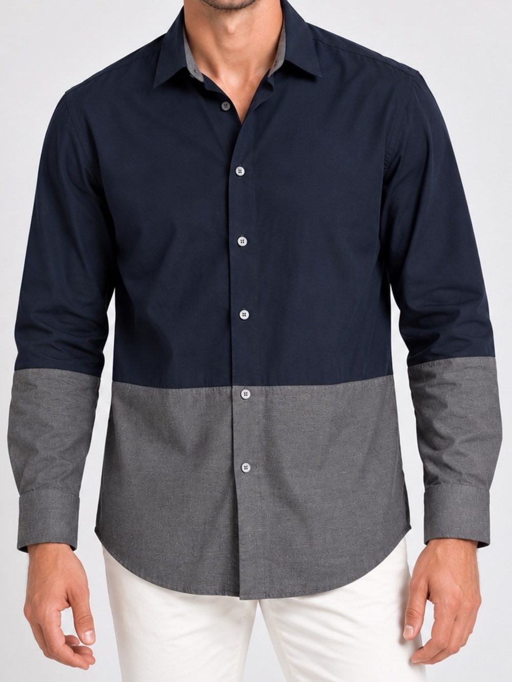 ASOS Color Block Button Down Shirt Mens M Medium Navy Blue Grey Long Sleeve Soft